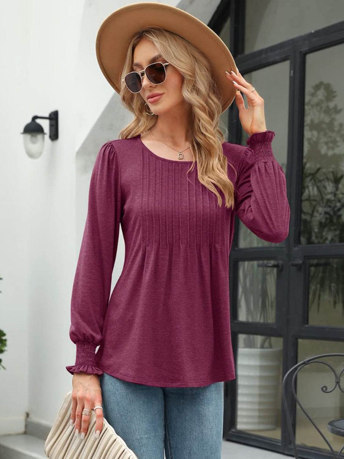 Smocked Round Neck Lantern Sleeve Blouse Trendsi 8bc6a742757e41a0a3390d67d214f4ad-Max