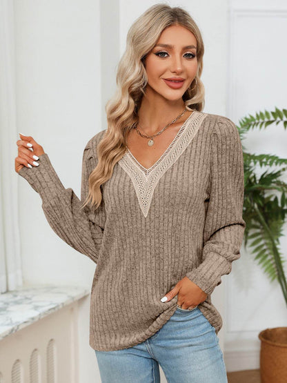 Lace Detail V-Neck Ribbed Blouse Khaki Trendsi 8bdf66415e9b4d5b81ddf631b22f7e8b-Max