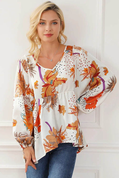 Printed V-Neck Smocked Balloon Sleeve Blouse Trendsi 8befb9f84a2d40419f0b78ea62da9c96-Max
