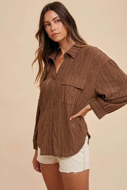 Annie Wear Openwork Button Down Drop Shoulder Shirt Brown Trendsi 8bf9fa29-2e65-4370-8cd4-8d2cfee42538-Max