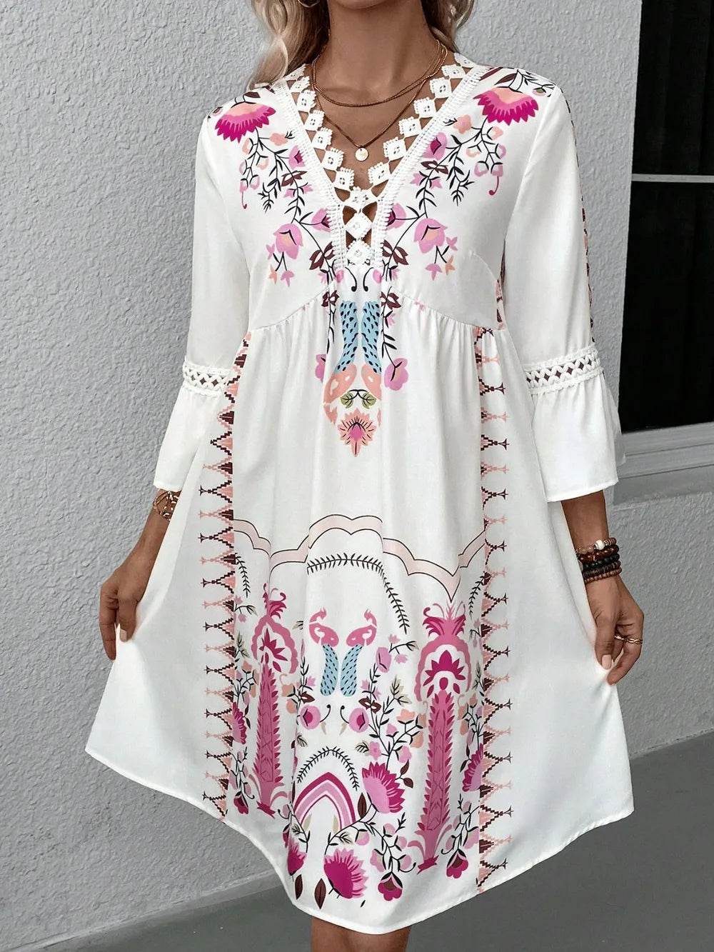 Lace Detail Printed Three-Quarter Sleeve Dress Trendsi 8c05170a-5044-416e-851a-ecdcd19d2d0e-Max