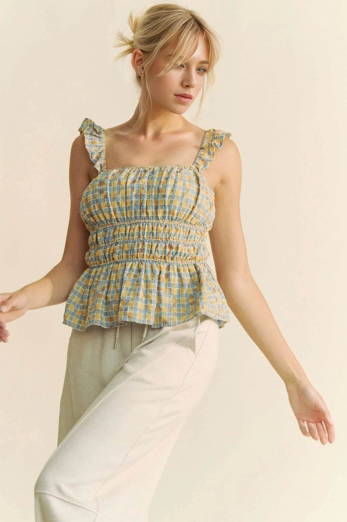 Davi & Dani Plaid Ruffled Strap Smocked Sleeveless Top BLUE MULTI Trendsi 8c285b904b3d449b8b892e256a7aea3a-Max-Origin
