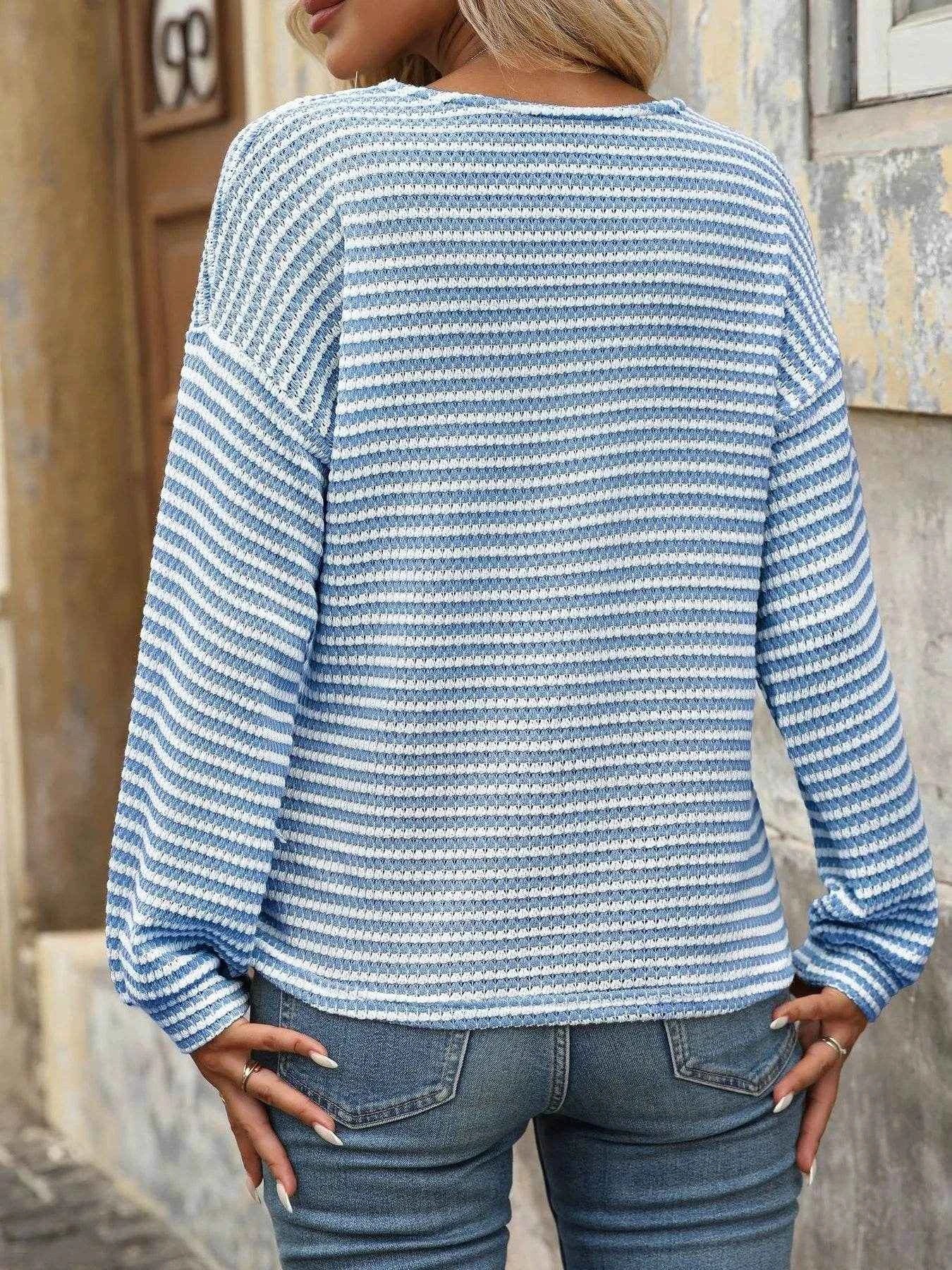 Striped V-Neck Button Front Casual Top Trendsi 8c2de57d718d4fe58e7075af3c223d9e-Max-Origin