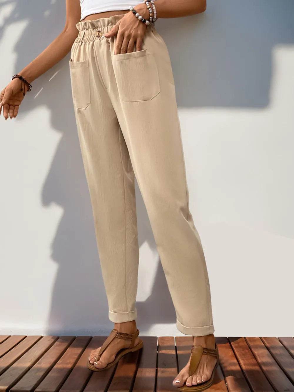 Perfee Frill High Waist Pants with Pockets Trendsi 8c3e76b5-ae56-47cf-b19e-4675cbc2dbf1-Max