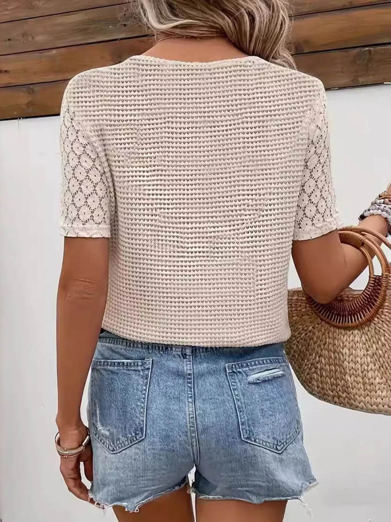 Lace Sleeve V-neck Waffle Knit Top Trendsi 8c8baa8fa8a543b8b7f9addad2292a97-Max-Origin