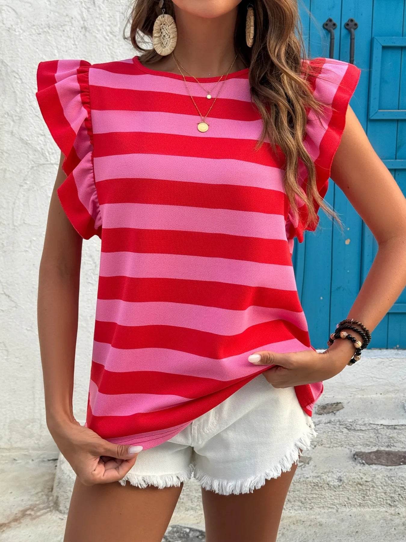 Contrast Striped Ruffle Sleeve T-Shirt Trendsi 8cd47c5e91794fd1a7c4f272ab2a9e84-Max-Origin
