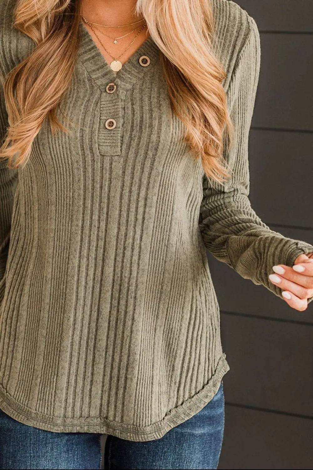 Ribbed Buttoned Long Sleeve Blouse Trendsi 8ceb232b584b4e36941a9e31d042a79b-Max