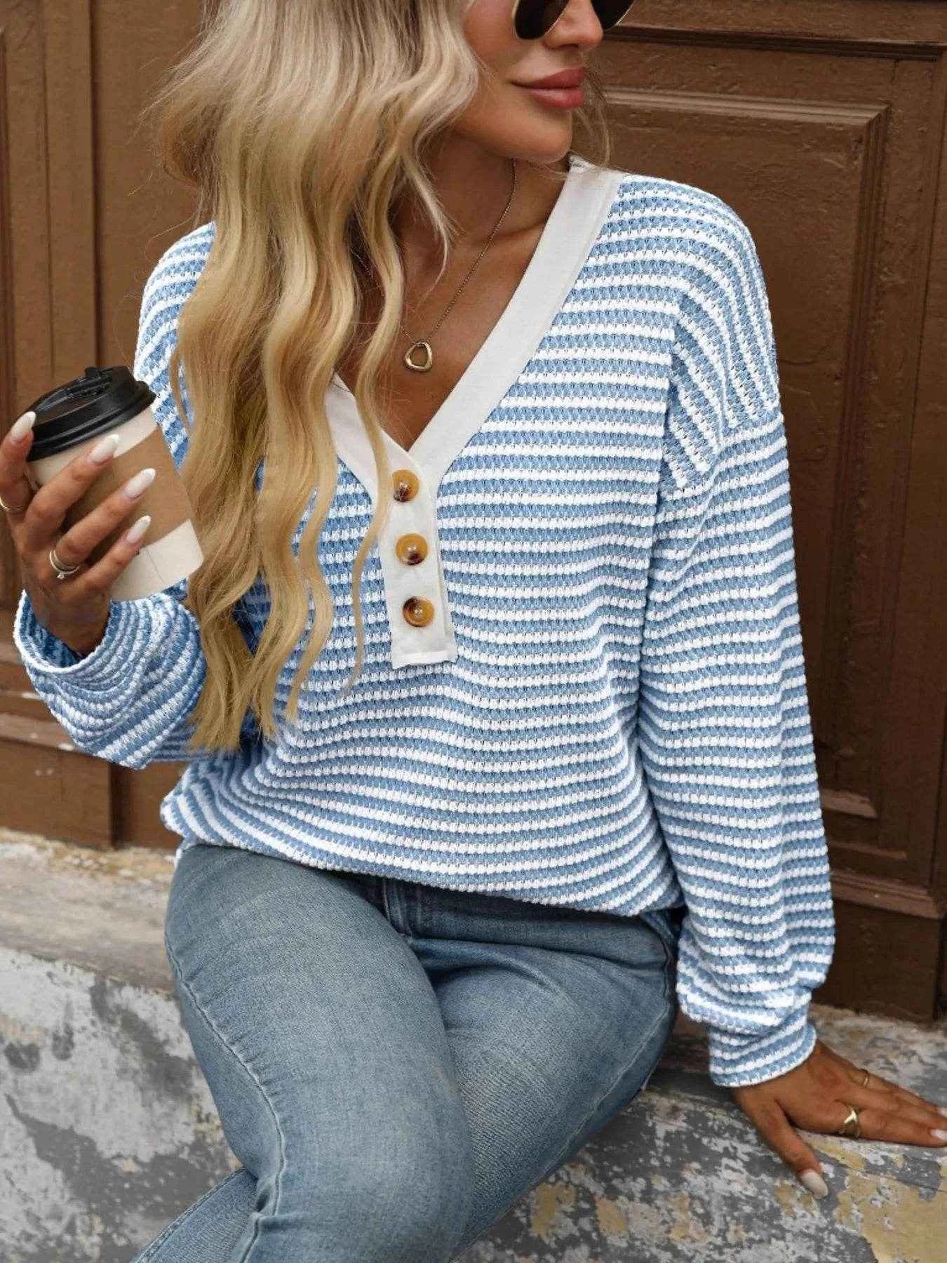 Striped V-Neck Button Front Casual Top Trendsi 8cf9bfd089fd456590fde628c32f2550-Max-Origin
