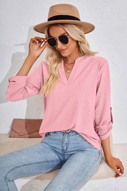 V-Neck Roll-Tap Sleeve Blouse Trendsi 8d1bc6a5adcf46f6b43ca9f9c8080b57-Max