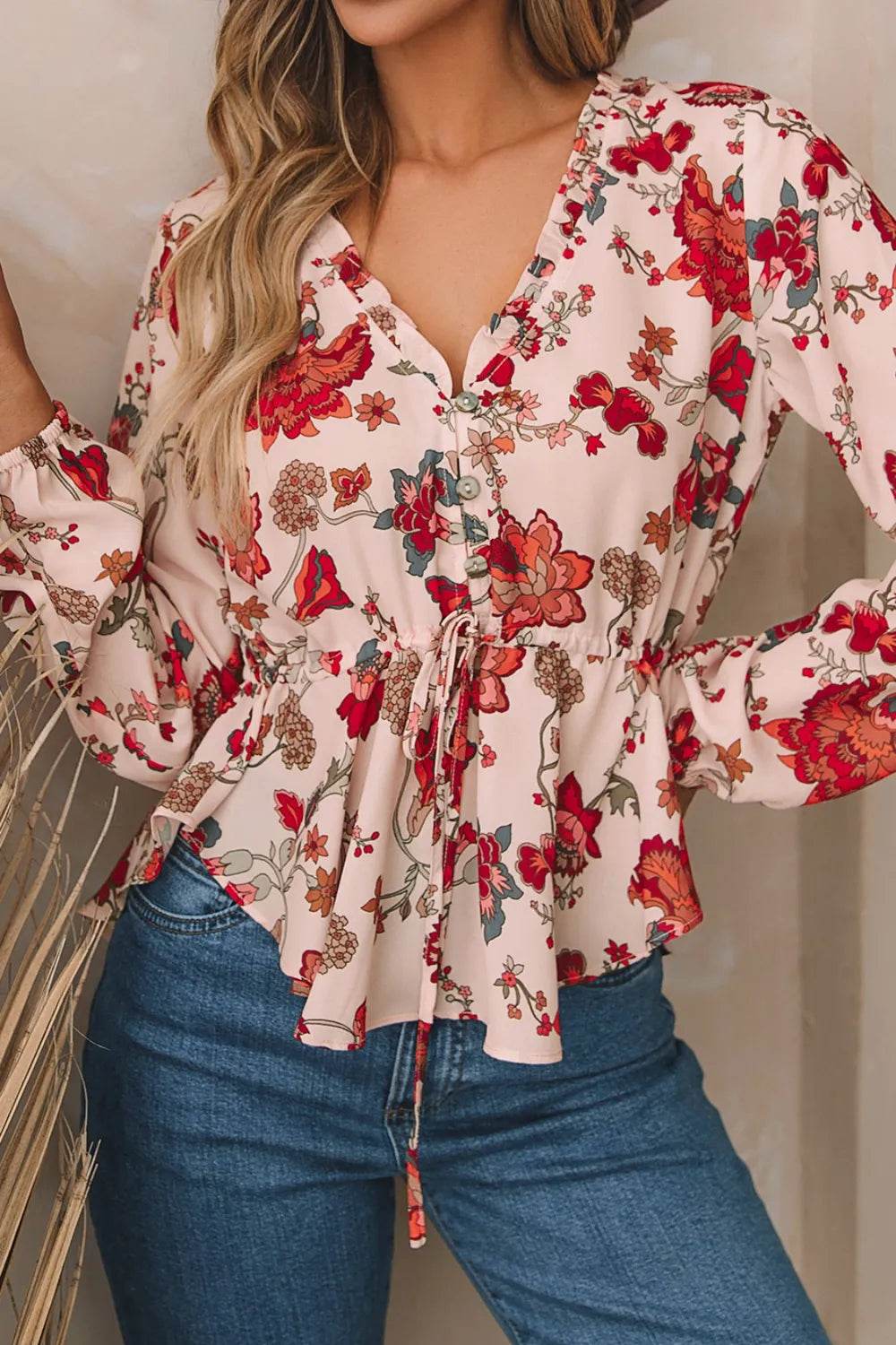 Floral V-Neck Drawstring Peplum Blouse Trendsi 8d5ed968-8a6c-4938-89c0-6871fd591340-Max