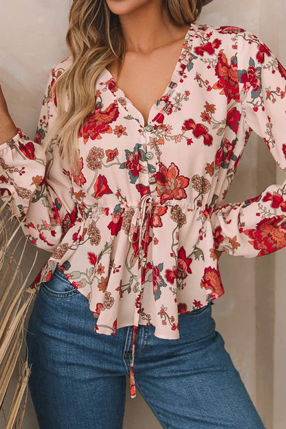 Floral V-Neck Drawstring Peplum Blouse Trendsi 8d5ed968-8a6c-4938-89c0-6871fd591340-Max