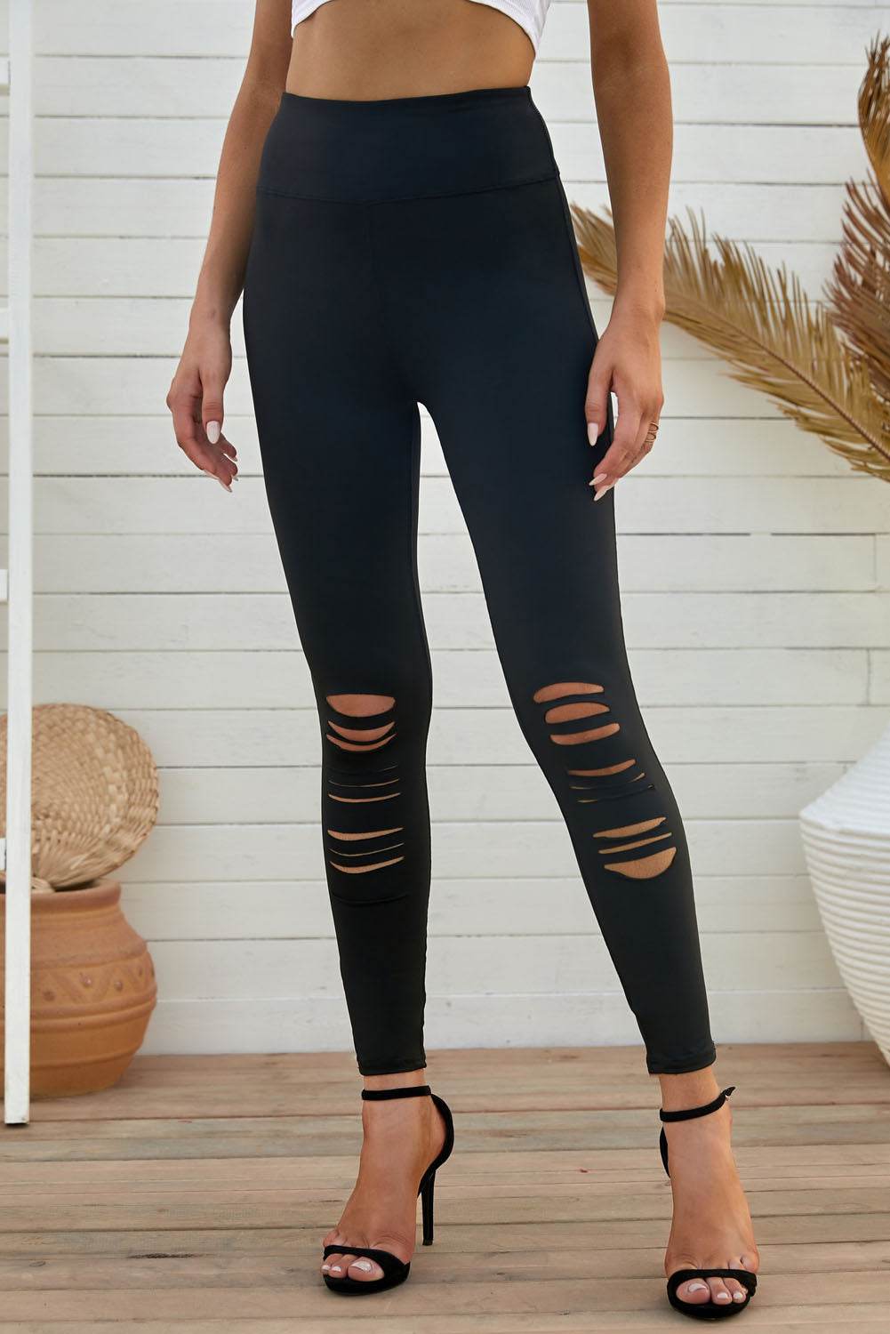 Wide Waistband Distressed Slim Fit Leggings Trendsi 8d75ac12454e4f209cfb330536b34143-Max