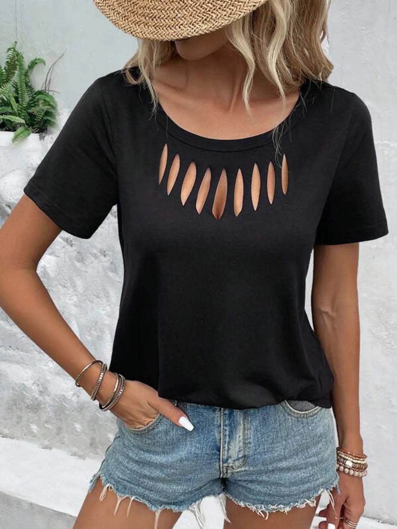 Hollow Out Neckline Short Sleeve T-Shirt Trendsi 8d8a89ae51b143299ffe76a34595a440-Max-Origin