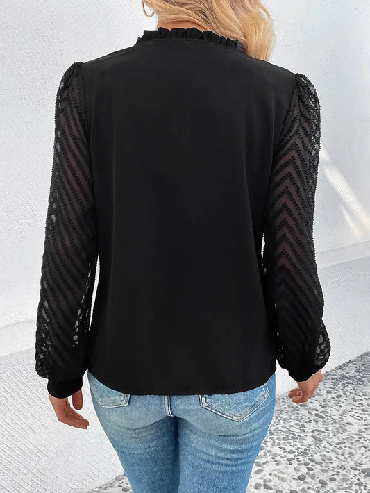 Perfee Mesh V-Neck Button Front Blouse Trendsi 8dbc70795da24031828f4682cb24fbb7-Max
