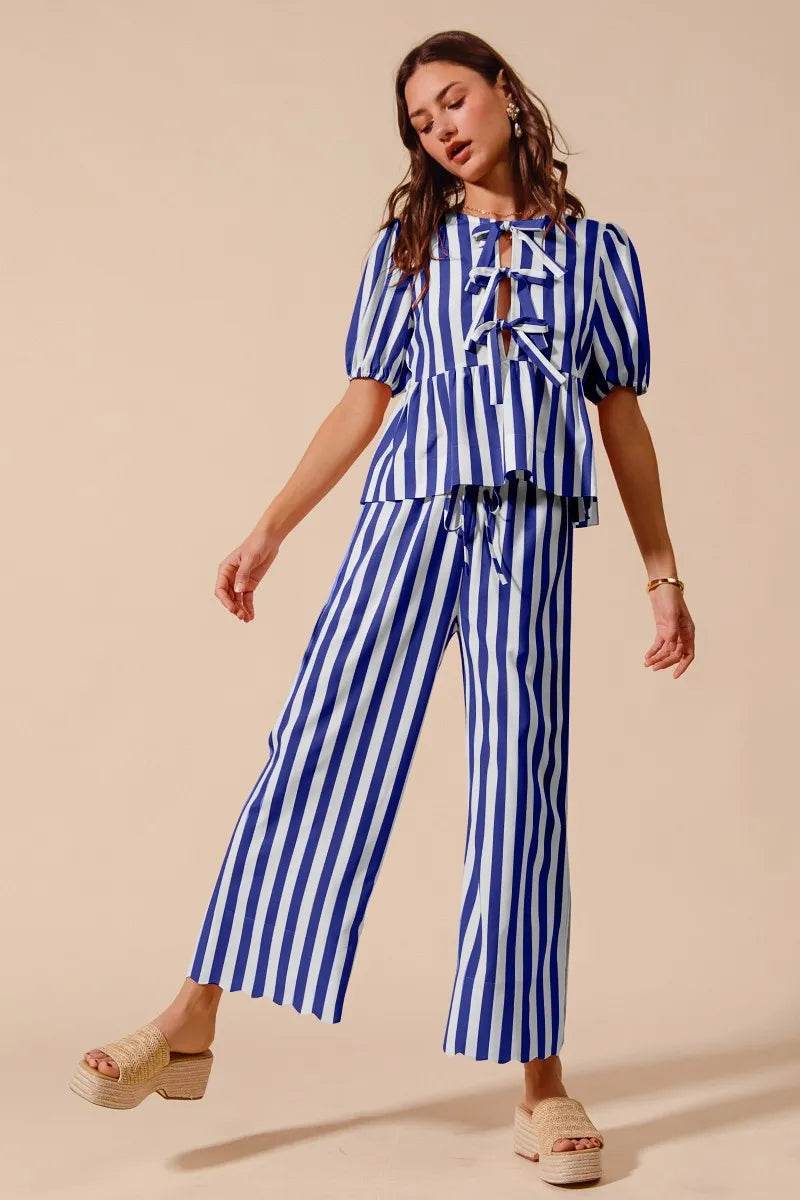 SO ME Front Tie Stripe Puff Sleeves Top and Wide Leg Pants Set ROYAL BLUE Trendsi 8dd66b3199774983afc0f6e85078e610-Max-Origin