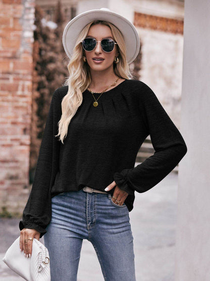Mandy Long Flounce Sleeve Round Neck Blouse Trendsi 8ddf73f0712449b294277596ed476f4f-Max