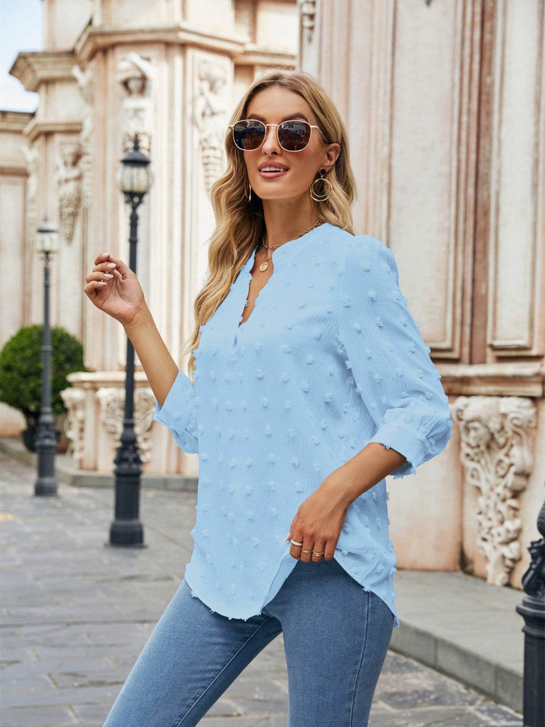 Swiss Dot Notched Neck Blouse Trendsi 8de208caa72f4186bb73b7c96bd4dbff-Max