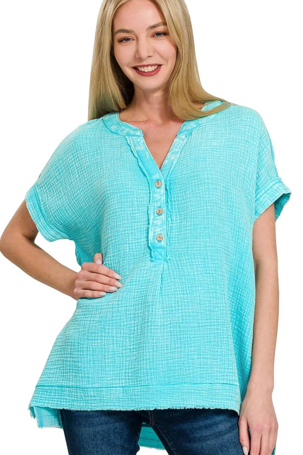 Zenana Washed Double Gauze 3/4 Button Henley Neck Shirt MINT SKY Trendsi 8de4978e-b220-4240-adfc-db385f04be0e-Max-Origin