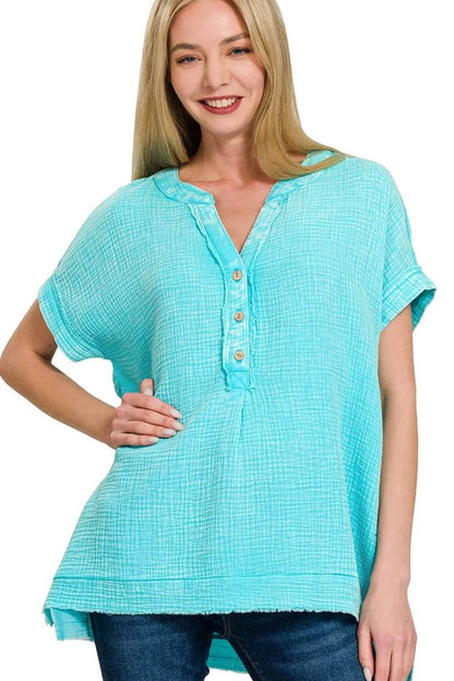 Zenana Washed Double Gauze 3/4 Button Henley Neck Shirt MINT SKY Trendsi 8de4978e-b220-4240-adfc-db385f04be0e-Max-Origin