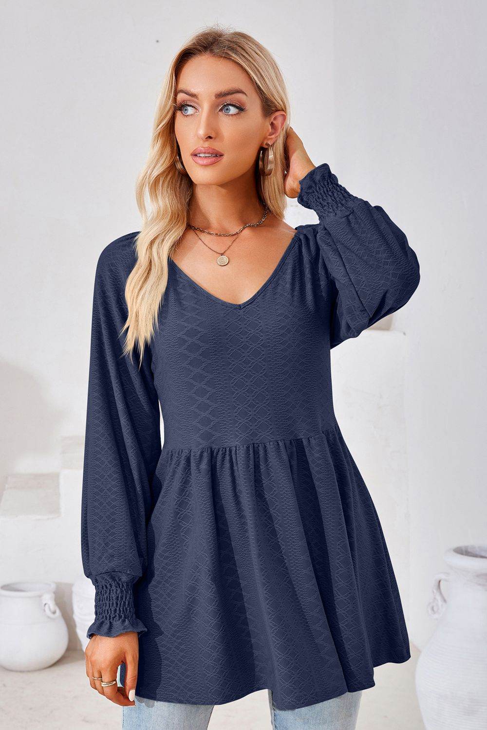 V-Neck Lantern Sleeve Blouse Trendsi 8e362a06e30a4290b4814dddb6966ca7-Max