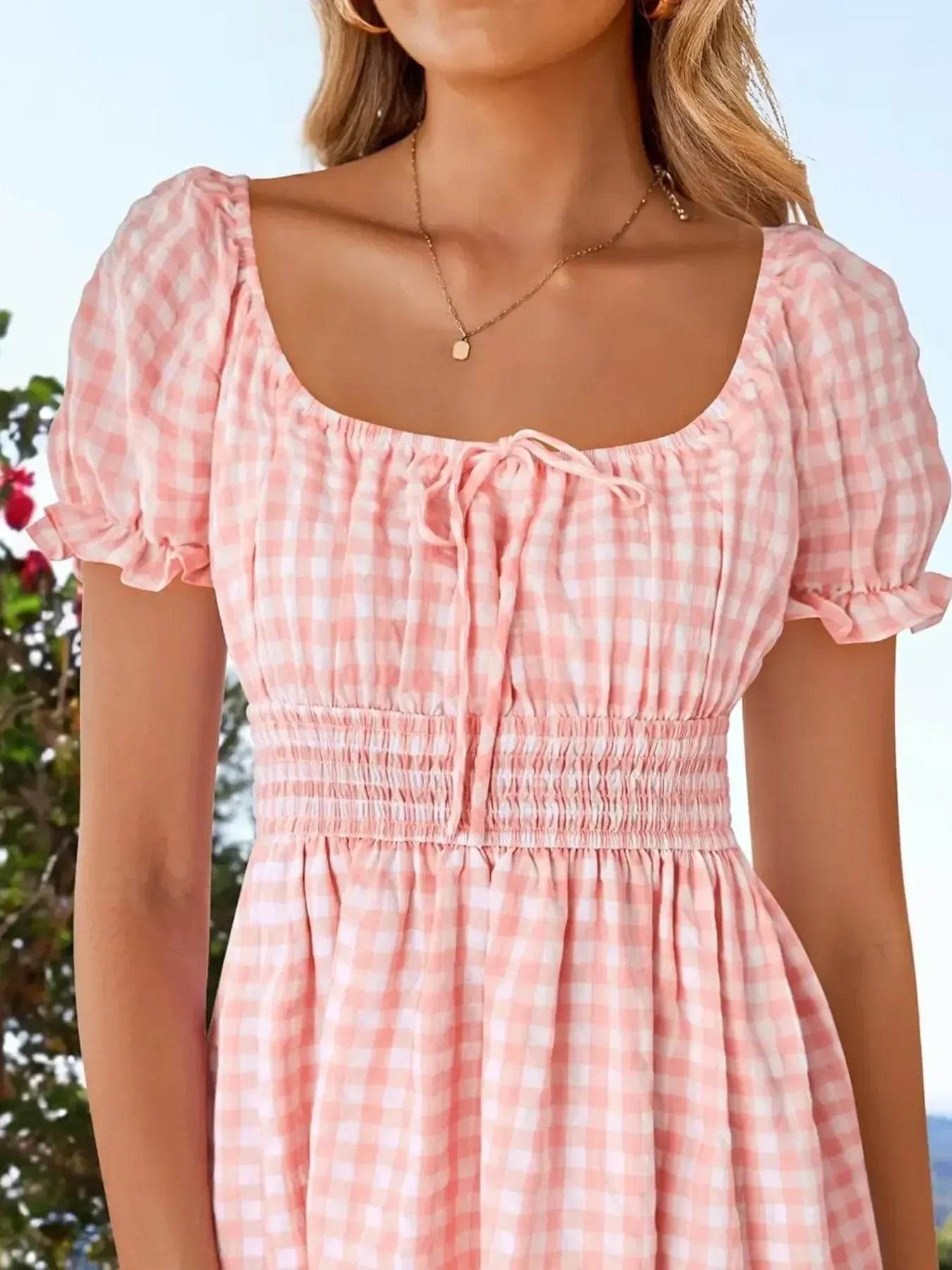 Gingham Smocked Puff Sleeve Summer Dress Trendsi 8e3b64de64ef427981125e98989ebf3a-Max-Origin