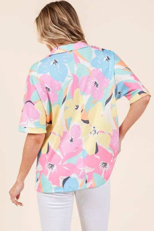 BOMBOM Floral Collared Neck Half Sleeve Top Trendsi 8e6d1b31-0d7c-48b6-87f0-0e1a247184de-Max
