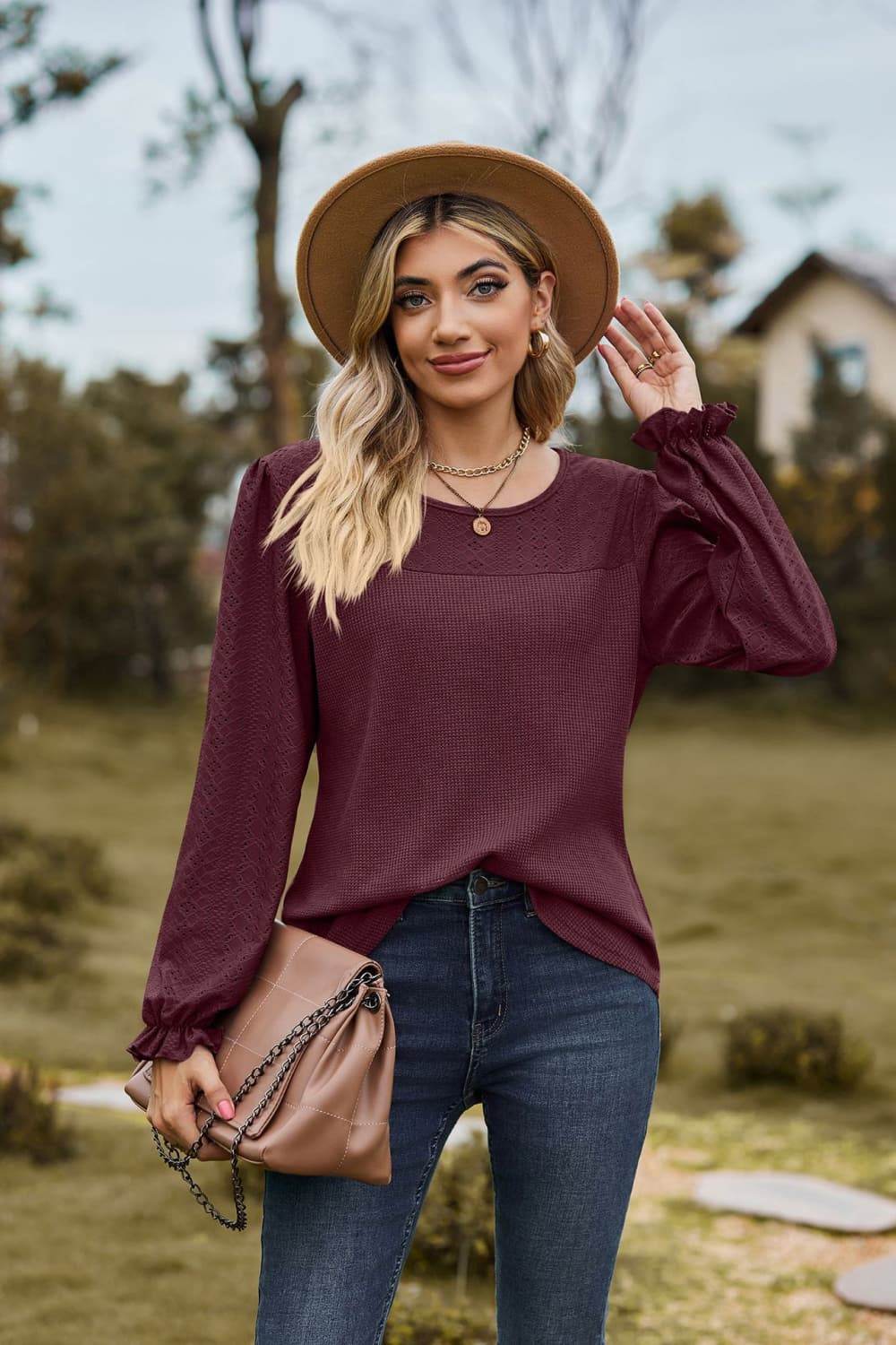 Round Neck Puff Sleeve Blouse Burgundy Trendsi 8e8b3788719040d59ab676bb25986894-Max