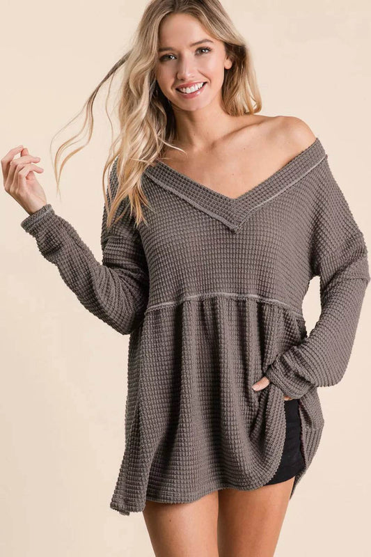 BiBi Waffle Knit V-Neck Babydoll Blouse MOCHA Trendsi 8e91b6e7-b957-4c73-a5b7-4eaacbb3e26b-Max