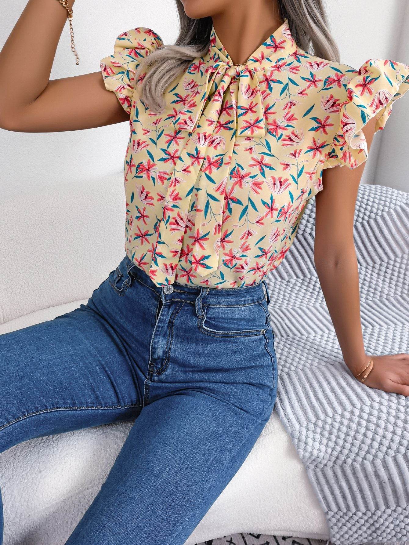 Floral Tie Neck Flutter Sleeve Blouse Apricot Trendsi 8ee107fbdf5a49048026d925ace1c9bb-Max
