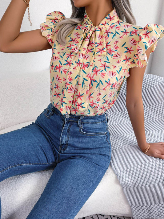 Floral Tie Neck Flutter Sleeve Blouse Apricot Trendsi 8ee107fbdf5a49048026d925ace1c9bb-Max