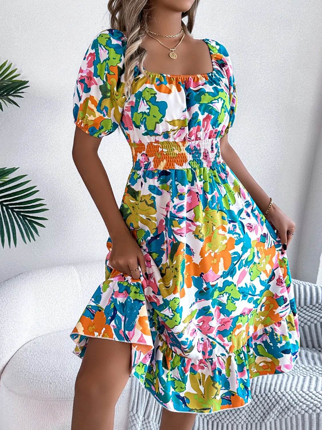Ruffled Hem Smocked Floral Short Sleeve Midi Dress Trendsi 8f3c0680-50d8-4dd7-af4e-1f9eefd5cb81-Max-Origin