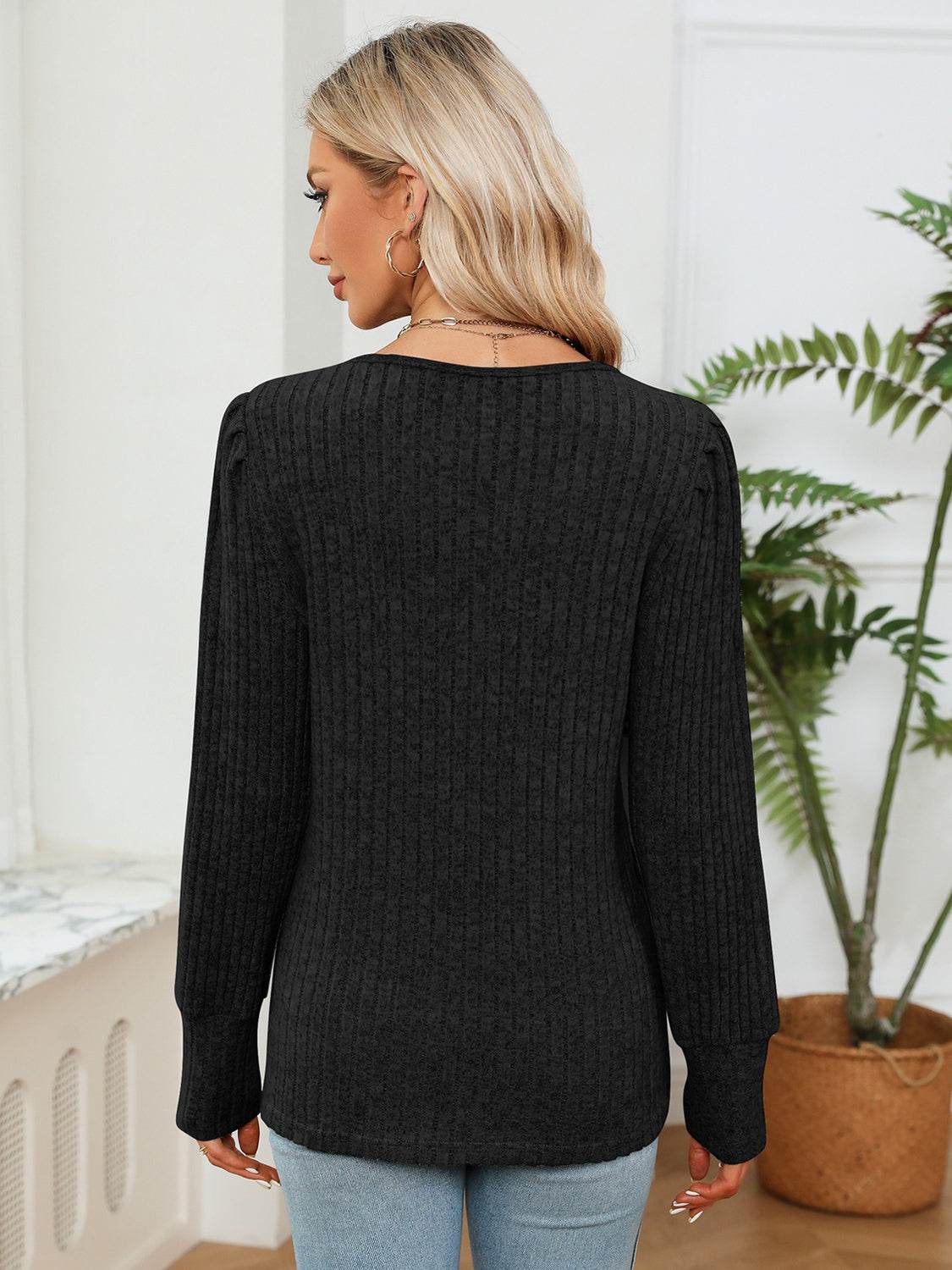 Lace Detail V-Neck Ribbed Blouse Trendsi 8f66895cd2f444bc8f42734b779dd5e4-Max