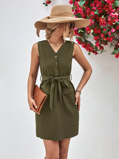 Buttoned V-Neck Belted Sleeveless Dress Trendsi 8f963d718d5c4d759b65ff22d741ff9a-Max