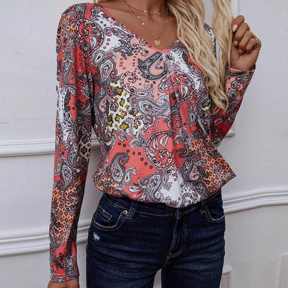 Shiny Printed V-Neck Long Sleeve Blouse Trendsi 8fa6753425f34d4787f01f075cc2fc6c-Max