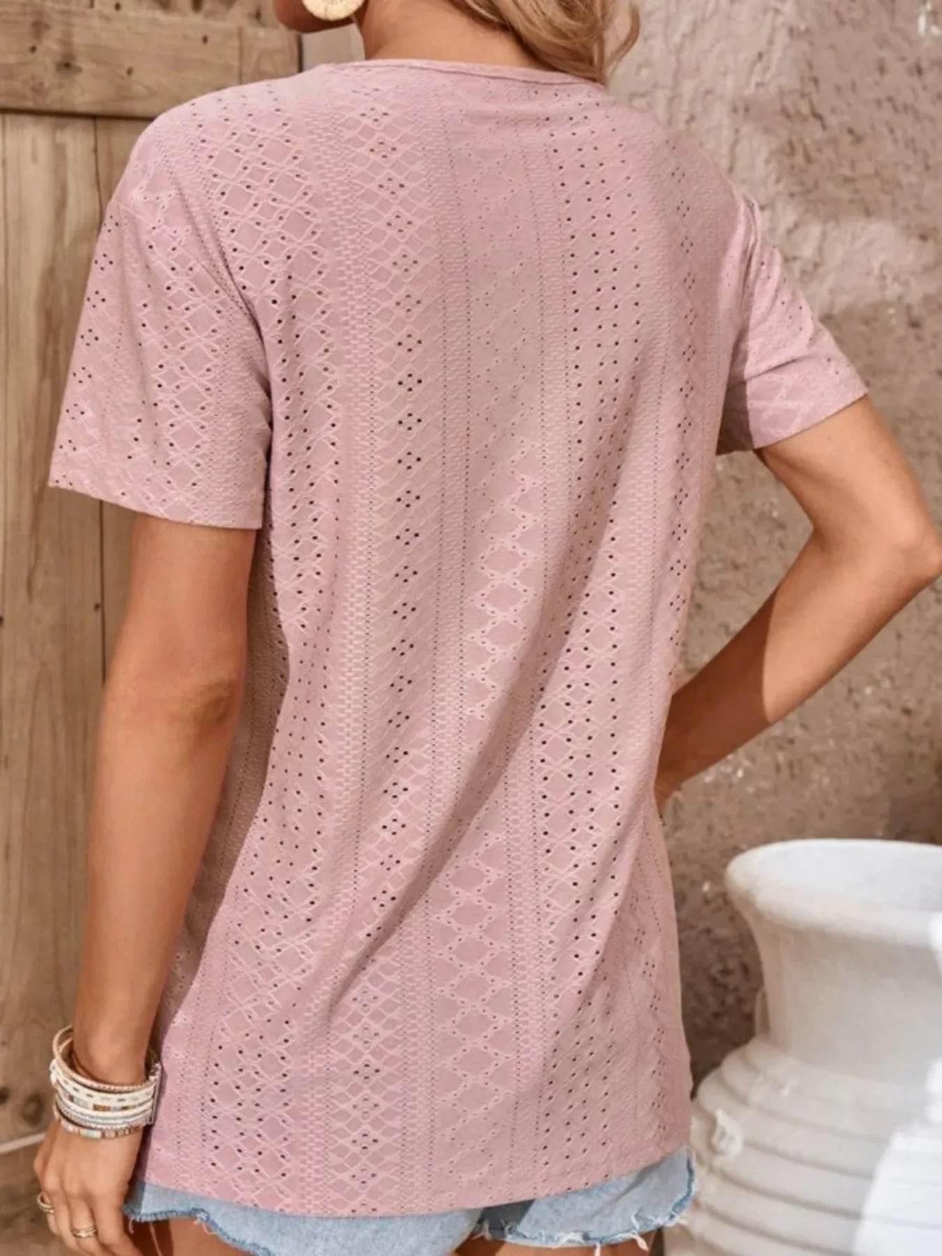 Eyelet Crisscross Short Sleeve T-Shirt Trendsi 8feb73f09f3e404cb4e3c63707e4da91-Max-Origin