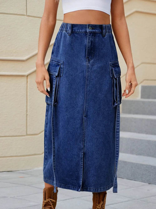 Slit Pocketed High Waist Denim Skirt Dark Blue Trendsi 8ff799ec-87e6-4456-b50c-c5f5e3baa15c-Max
