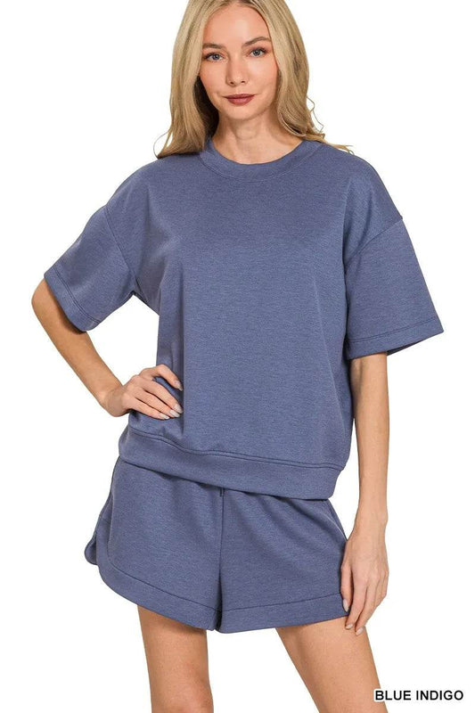Zenana Scuba Short Sleeve Top & Shorts Set BLUE INDIGO Trendsi 8ffb6c3d76b043d9bc8183eeb73e1efe-Max-Origin