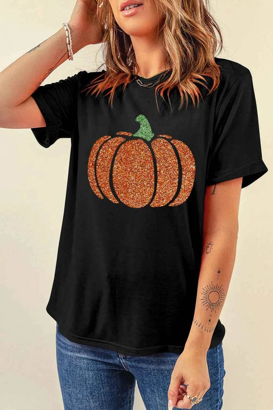 Glitter Pumpkin Round Neck Short Sleeve T-Shirt Trendsi 901ab762-9e6d-4550-8ed7-4571b291980d-Max