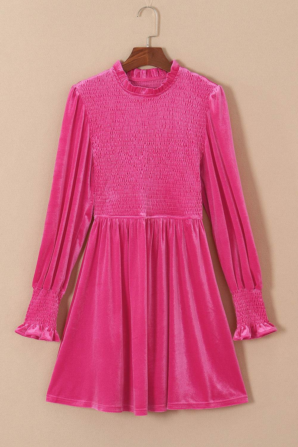 Smocked Round Neck Long Sleeve Dress Hot Pink Trendsi 90830213b1f34c27b1d36d10337b5be1-Max