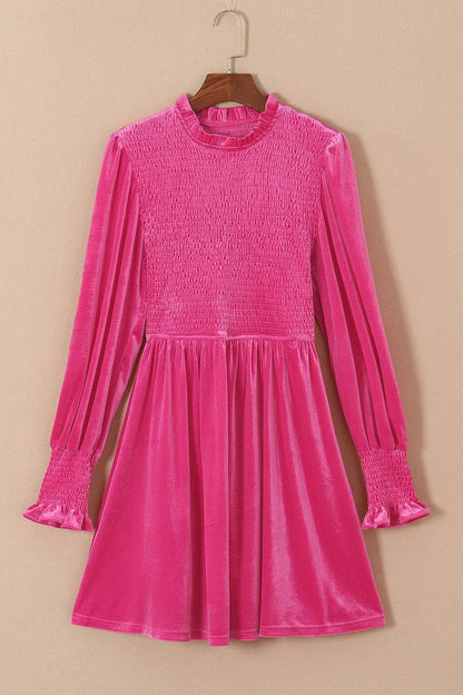 Smocked Round Neck Long Sleeve Dress Hot Pink Trendsi 90830213b1f34c27b1d36d10337b5be1-Max