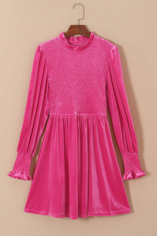 Smocked Round Neck Long Sleeve Dress Hot Pink Trendsi 90830213b1f34c27b1d36d10337b5be1-Max