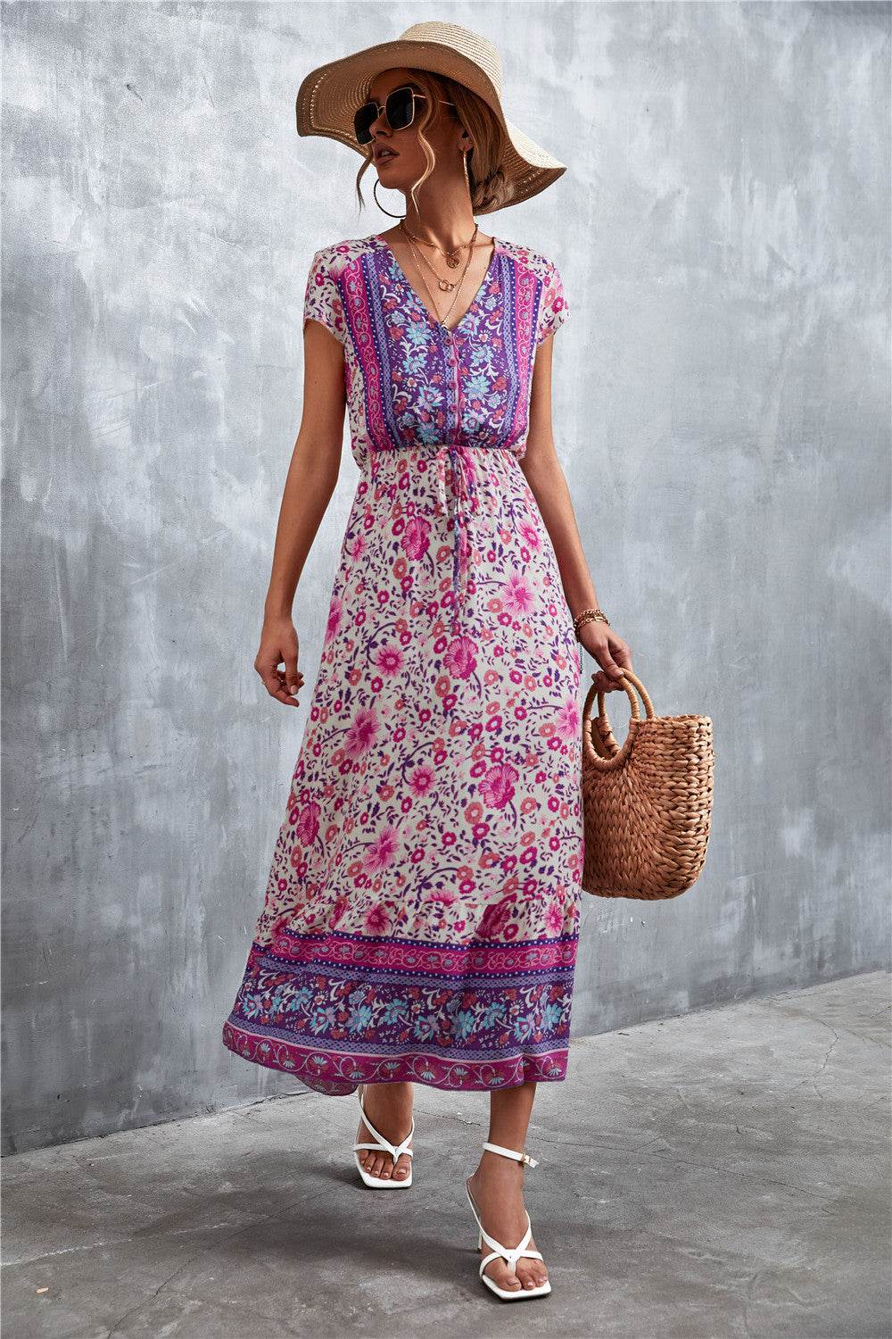 V-Neck Short Sleeve Printed Maxi Dress Purple Trendsi 9085cd1232c44dfb9ae3899e47b39bcc-Max