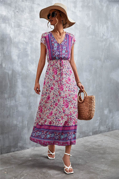 V-Neck Short Sleeve Printed Maxi Dress Purple Trendsi 9085cd1232c44dfb9ae3899e47b39bcc-Max