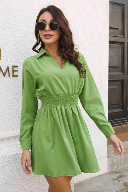 Johnny Collar Smocked Waist Long Sleeve Mini Dress Trendsi 908aa7c7f28b4324a168b04f2d8af81b-Max