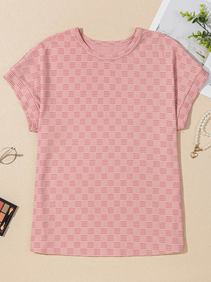 Checkered Textured Round Neck T-Shirt Trendsi 90c33303bd654693897259b9abf5372e-Max-Origin