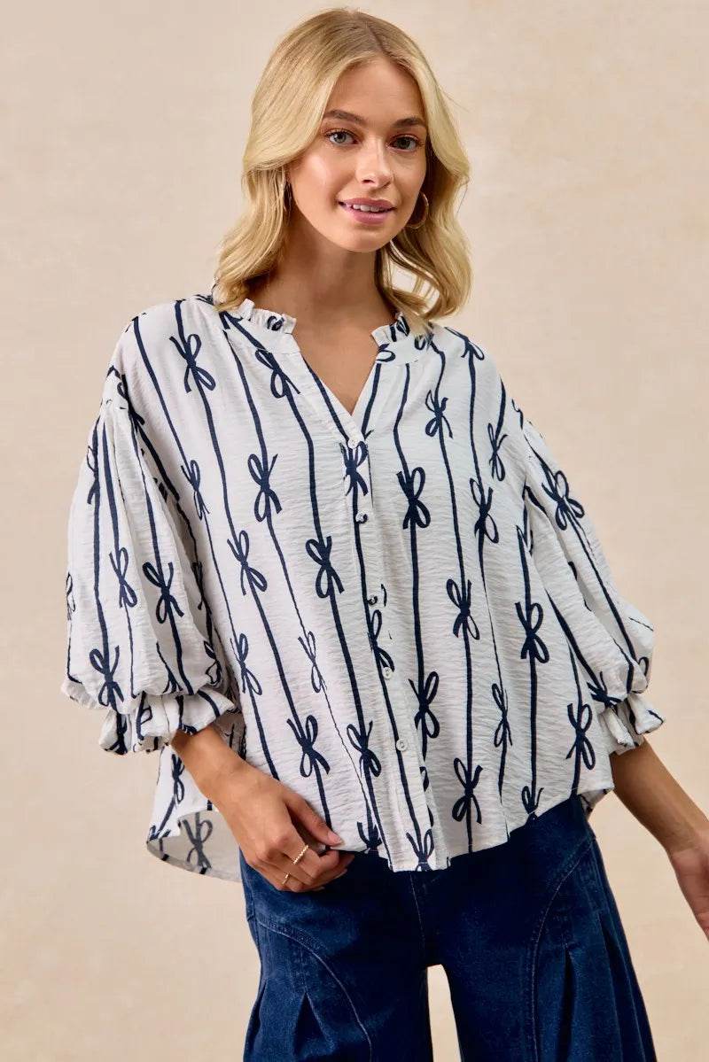 BiBi Bow Ribbon Printed Woven Bubble Sleeves Top Trendsi 90d731103f9f4f819157a5e173c43b7a-Max-Origin