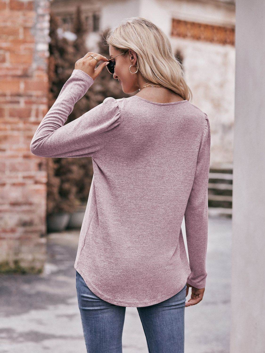 Mandy Pleated Detail Curved Hem Long Sleeve Top Trendsi 90f55c069c754e009609f0daf291541f-Max