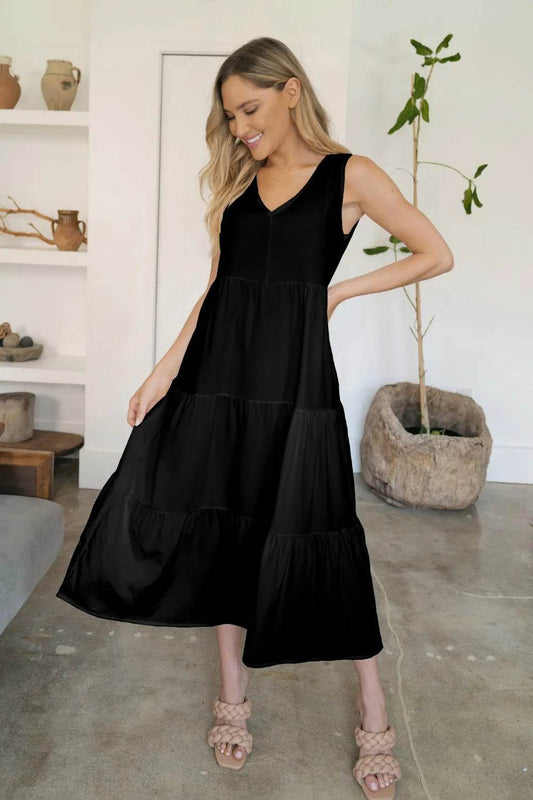 FAM-FAM Tiered V-Neck Sleeveless Dress Black Trendsi 9123fca6-b96f-4713-aa24-5d37597a4f12-Max