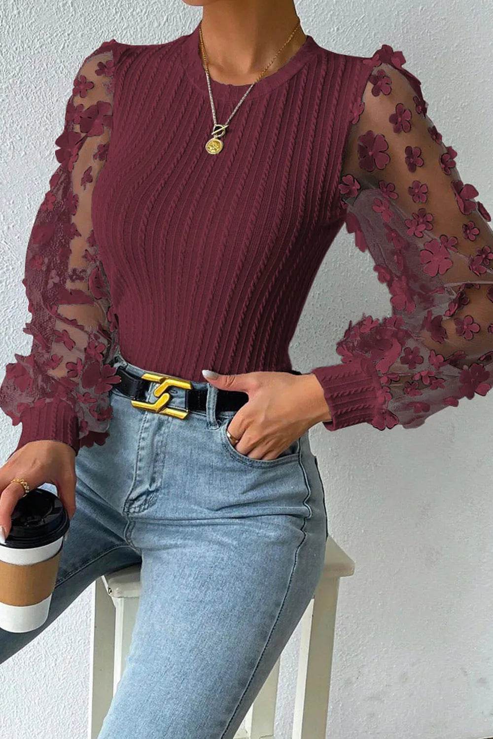 Textured Applique Long Sleeve Blouse Wine Trendsi 9163b563-3351-4402-917b-1074f6c1d0a7-Max