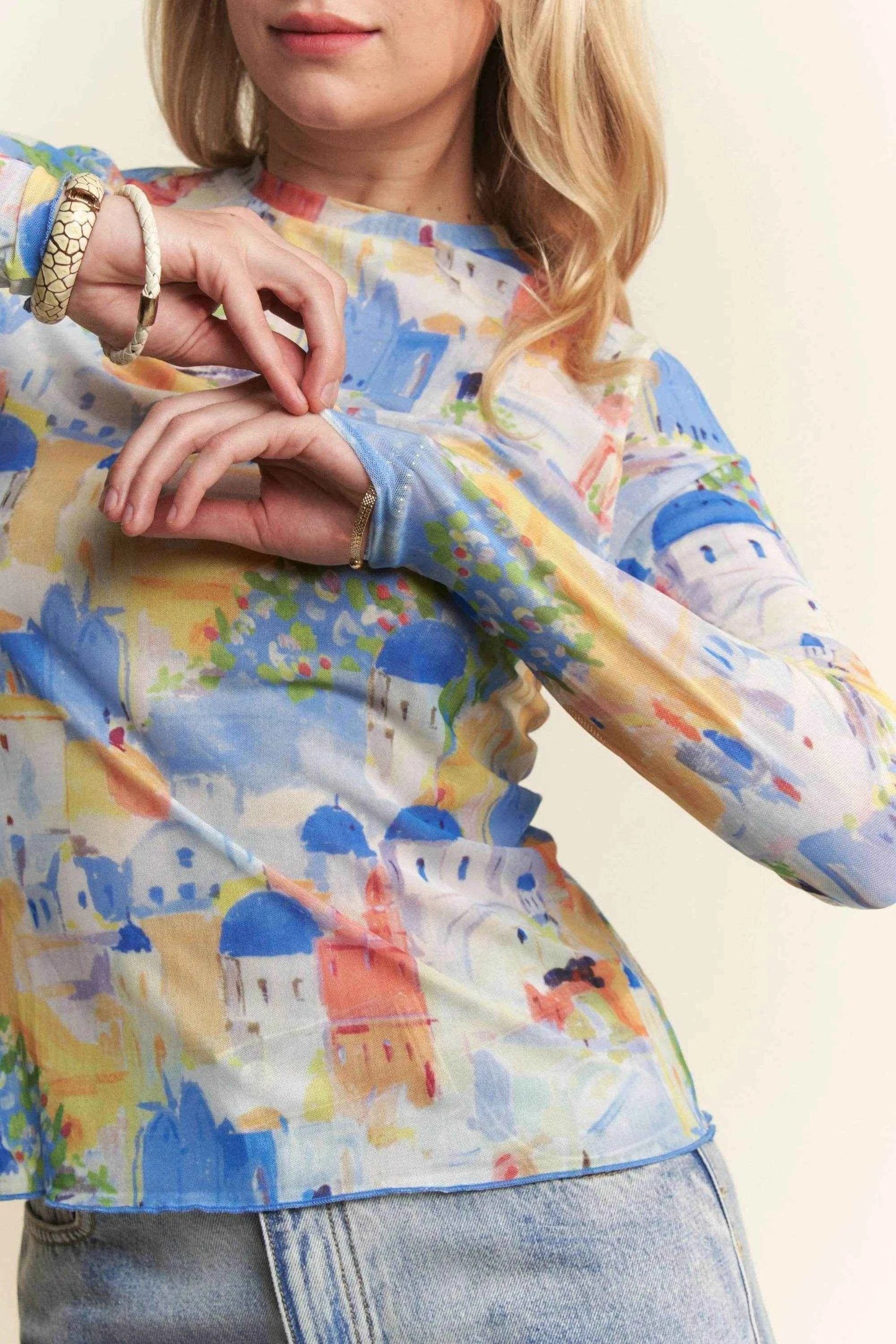 Davi & Dani Multi Printed Mesh Round Neck Long Sleeve Top Trendsi 91a572f9972641eb920e4d949861bba9-Max-Origin
